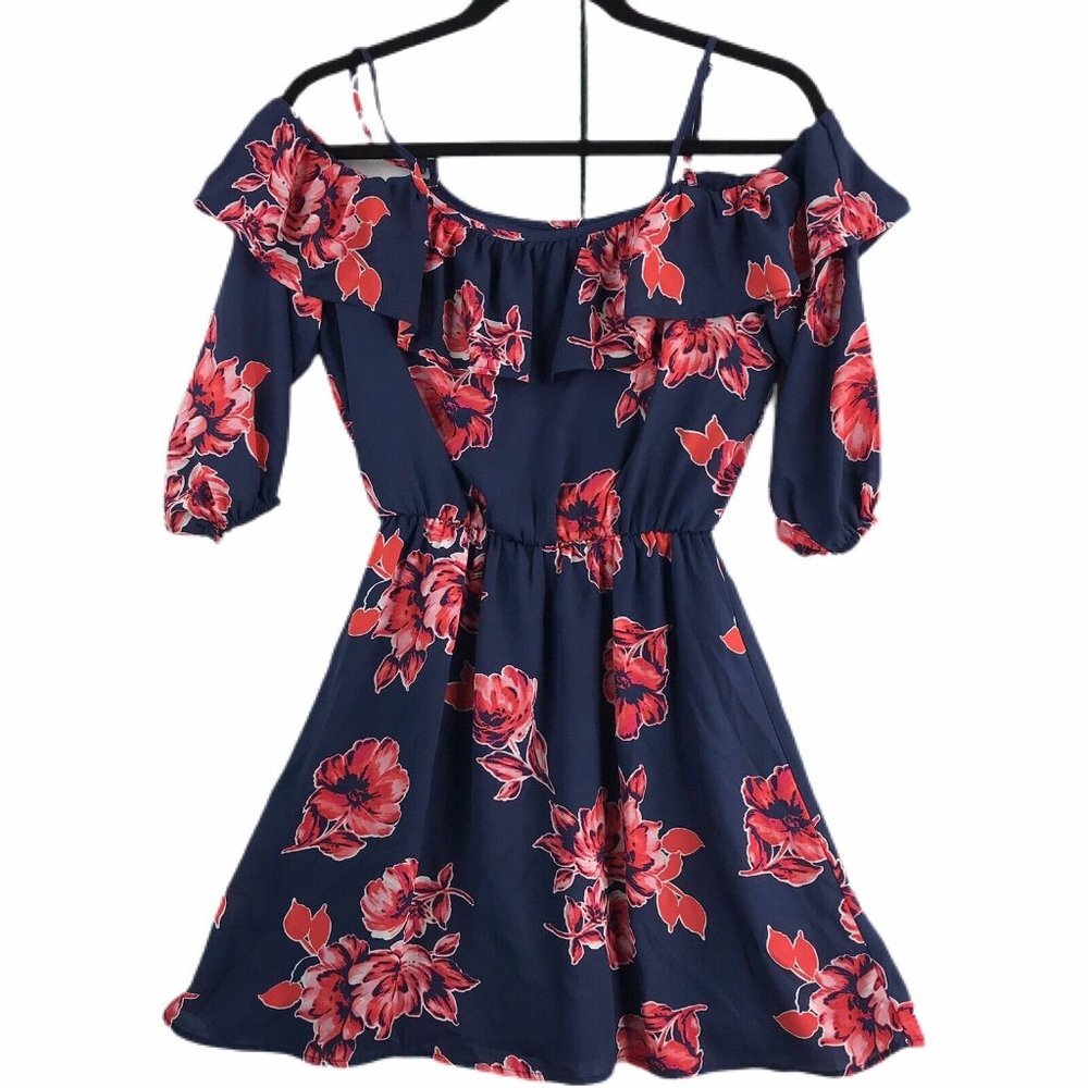 Womens Juniors Dress XS Navy Pink Red Floral Cold Shoulder Short Summer EUC